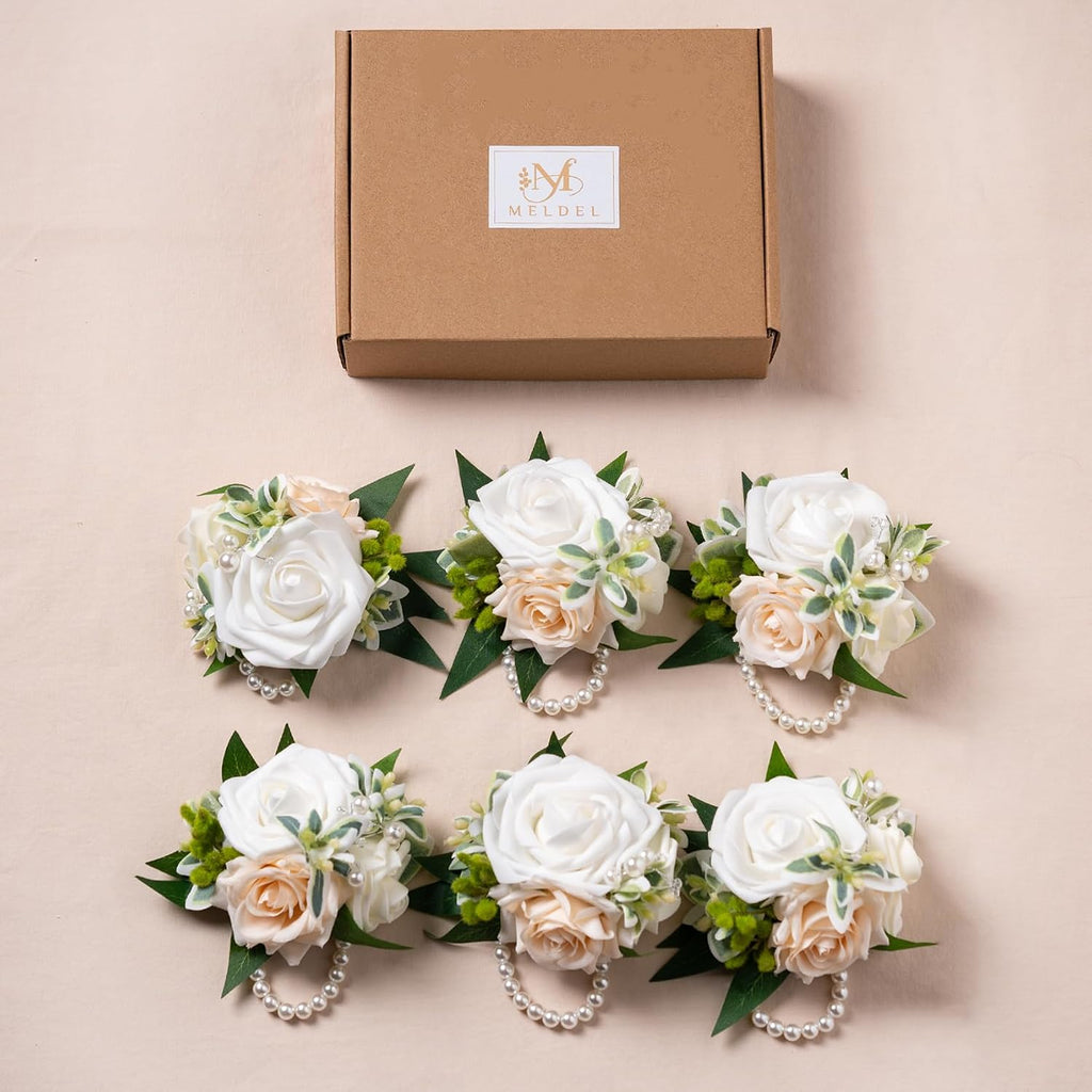 White Wrist Corsages, Set of 6,Faux Flowers for Women Wedding