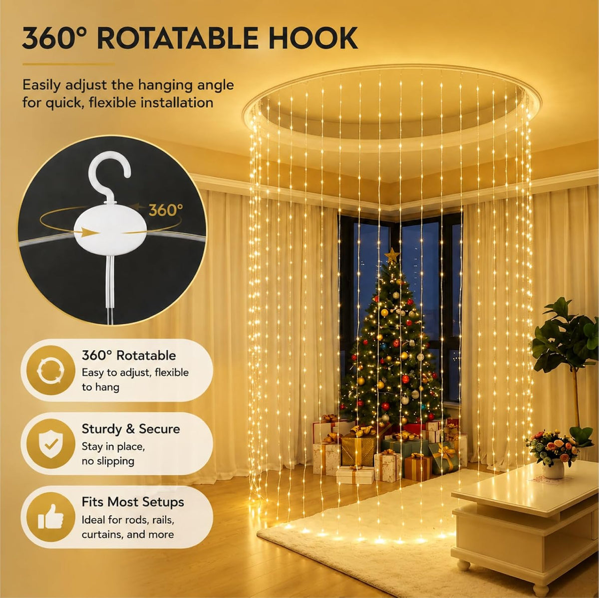 HXWEIYE 300LED Fairy Curtain Lights, 9.8x9.8Ft USB, Remote, Tangle-Free