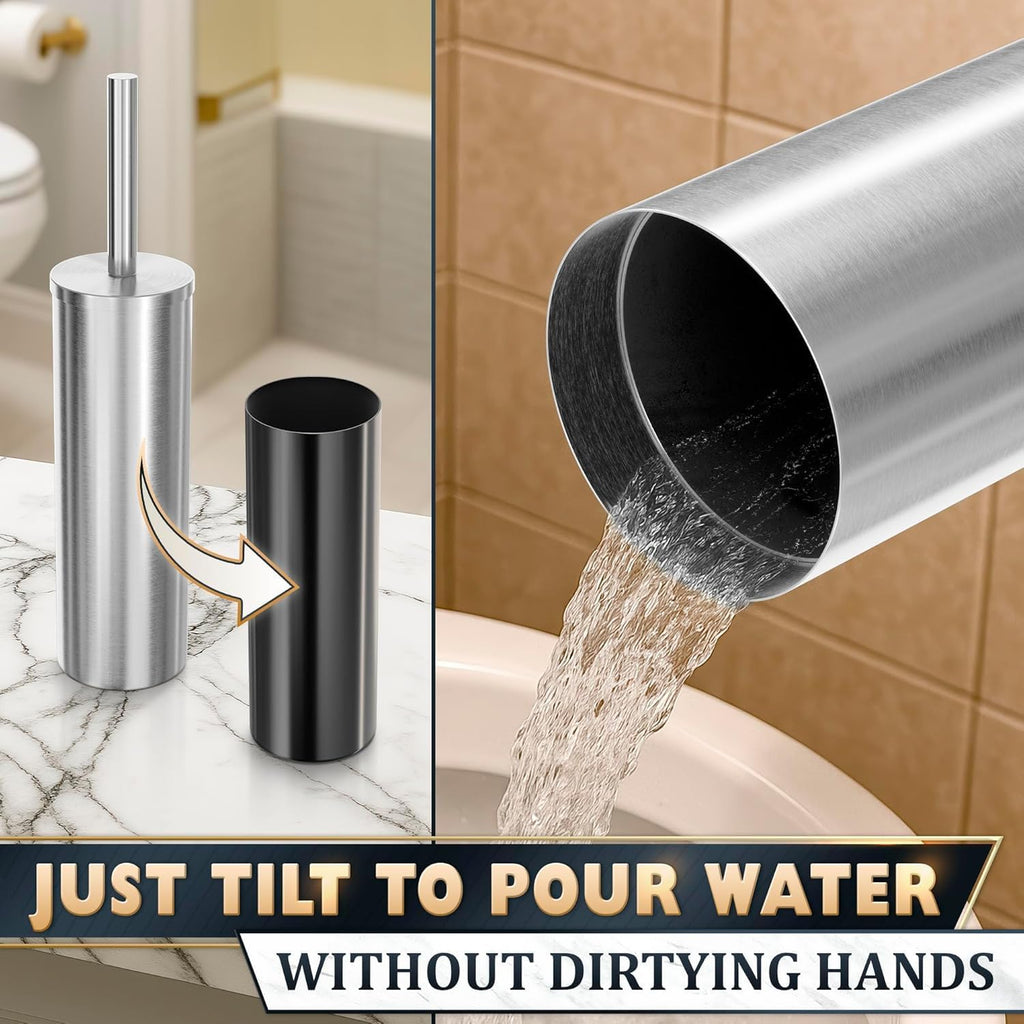 Silver Toilet Brush and Holder Set, Freestanding, Splash Protection