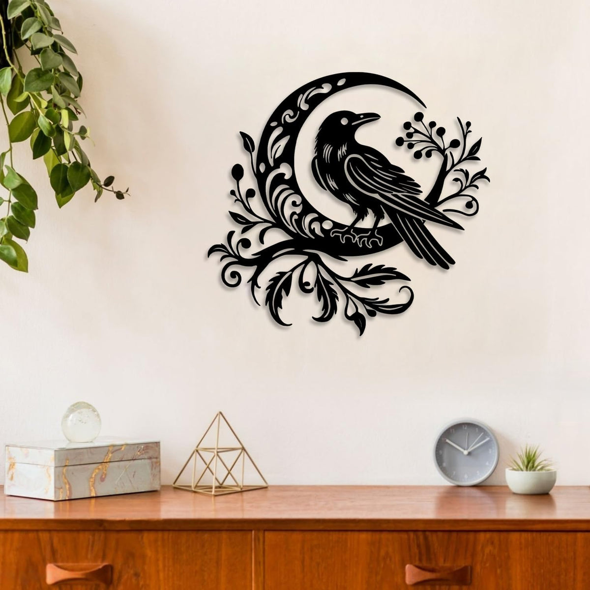 LIYOUYA Crow Moon Flower Metal Wall Decor - Nordic Gothic Style Room Decor Black Wall Art Home Decor for Living Room, Bathroom, Bedroom, Dining Room (Black)