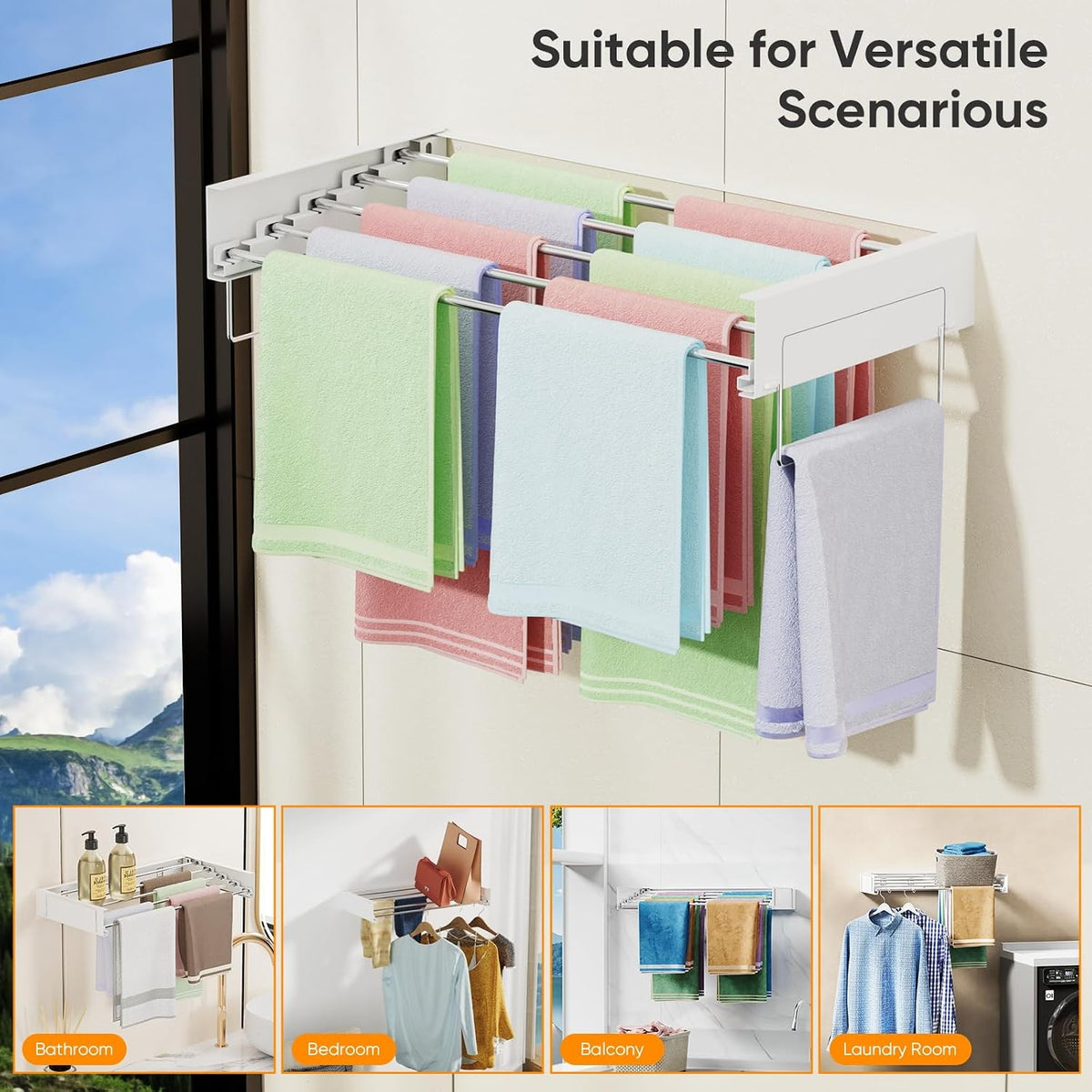 Wall Mounted Drying Rack, Laundry Clothes Drying Rack Foldable, Collapsible Hanger Clothing Wall Mount with 2 Towel Handles and Wall Template for Indoor Outdoor Hanging Clothes, 5 Rods, 31.5 Inch