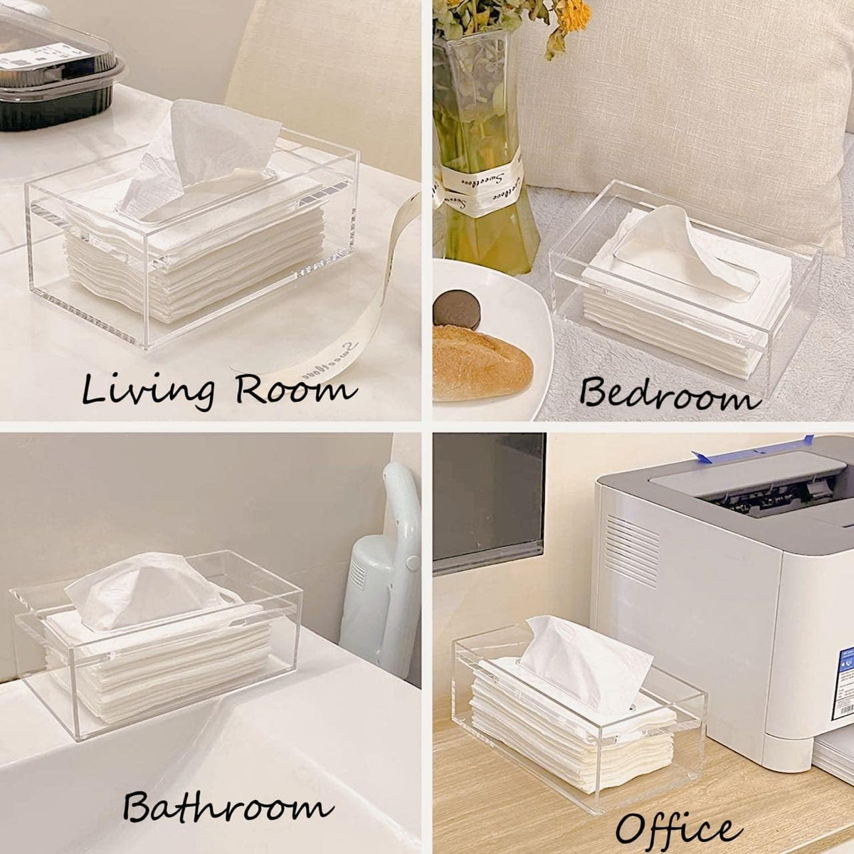 SANRUI Clear Acrylic Facial Tissue Box Cover Holder with 8mm Top Lid Rectangle Napkin Dispenser Organizer for Bathroom, Kitchen and Office Desk