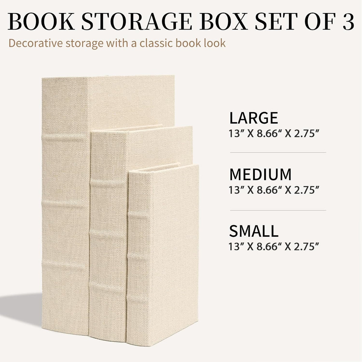Decorative Book Boxes Set of 3 – Modern Faux Linen & Wood,Beige