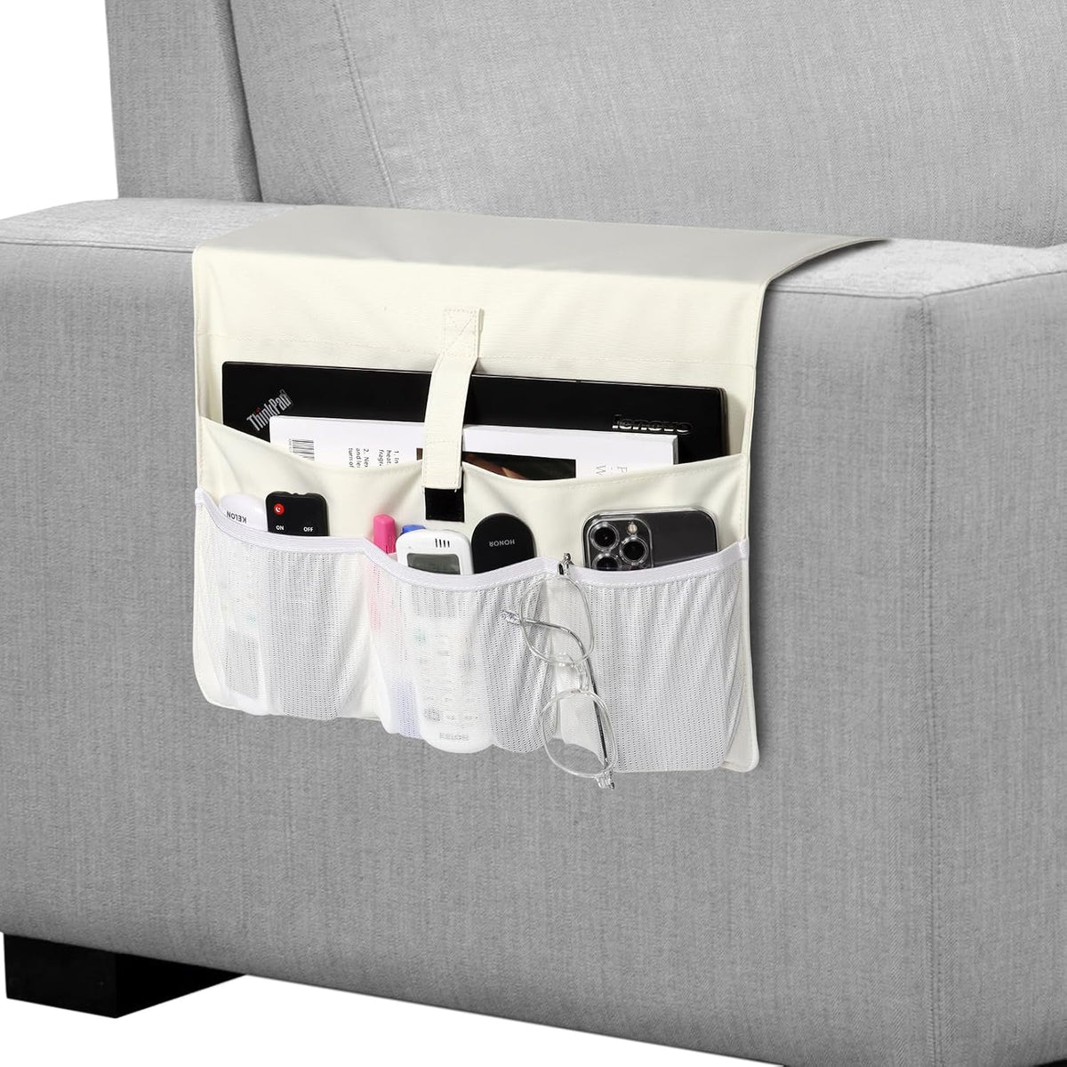 WOMACO Sofa Armrest Remote Magazine Holder, Non-Slip Armchair Recliner Caddy, Couch Arms TV Remote Control Organizer for Tablet, Phone, iPad, Laptop (Ivory, 16" x 35")