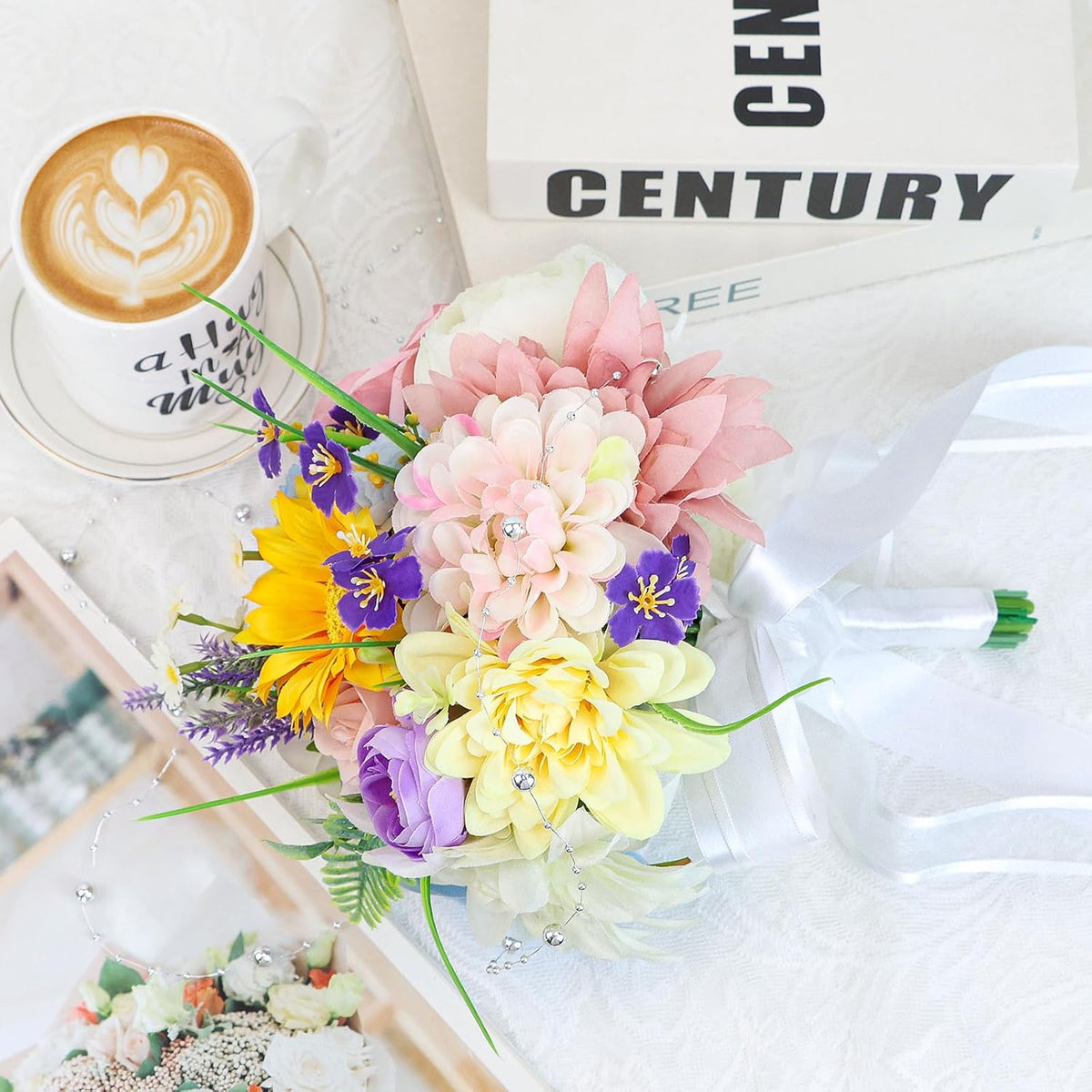 Wedding Bouquets for Bride Bridesmaid 8.5 Inch Pre-Made Spring Artificial Roses Flowers Bridal Bouquets for Bride Vintage Wedding Marriage Proposal Party Church Decoration