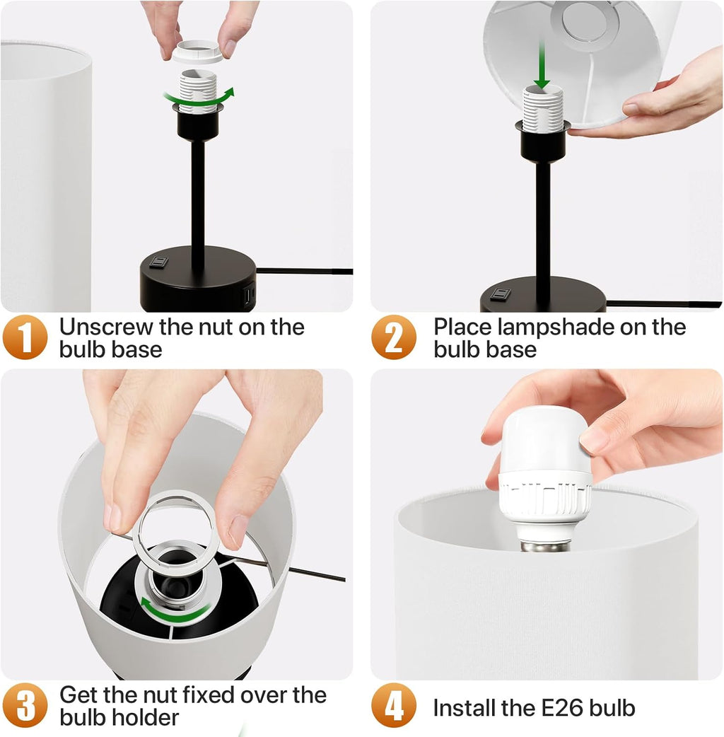 KPQ Bedside Lamp Touch Control Table Lamp with USB A+C Charging Ports & AC Outlet 3-Way Dimmable Nightstand Lamp with Linen Fabric Shade (White Shade-Black Base, 14" Small Size Touch Control)