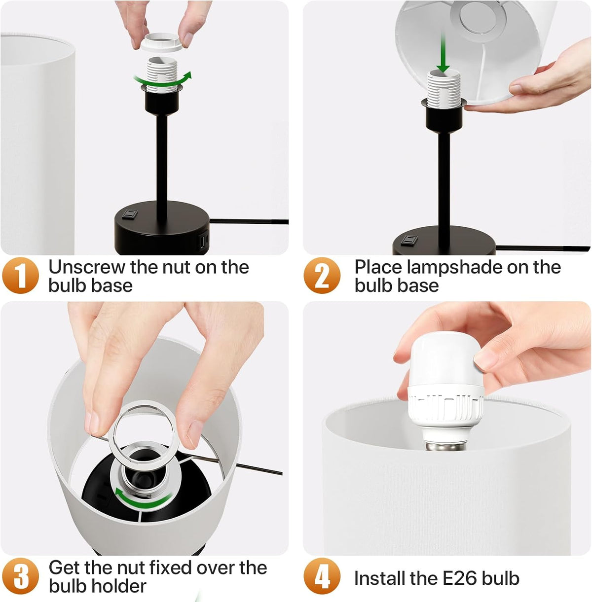KPQ Bedside Lamp Touch Control Table Lamp with USB A+C Charging Ports & AC Outlet 3-Way Dimmable Nightstand Lamp with Linen Fabric Shade (White Shade-Black Base, 14" Small Size Touch Control)