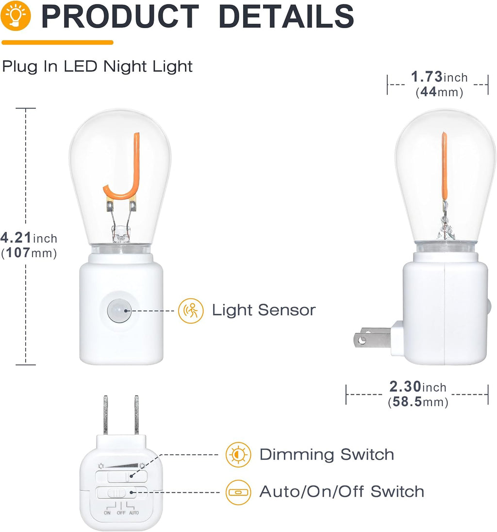 Night Lights Plug into Wall,Automatic LED Night Light with 10-100LM Dimmable, J-Type 2200K Plug in Night Lights with Motion Sensor, for Bathroom Hallway, 2-Pack