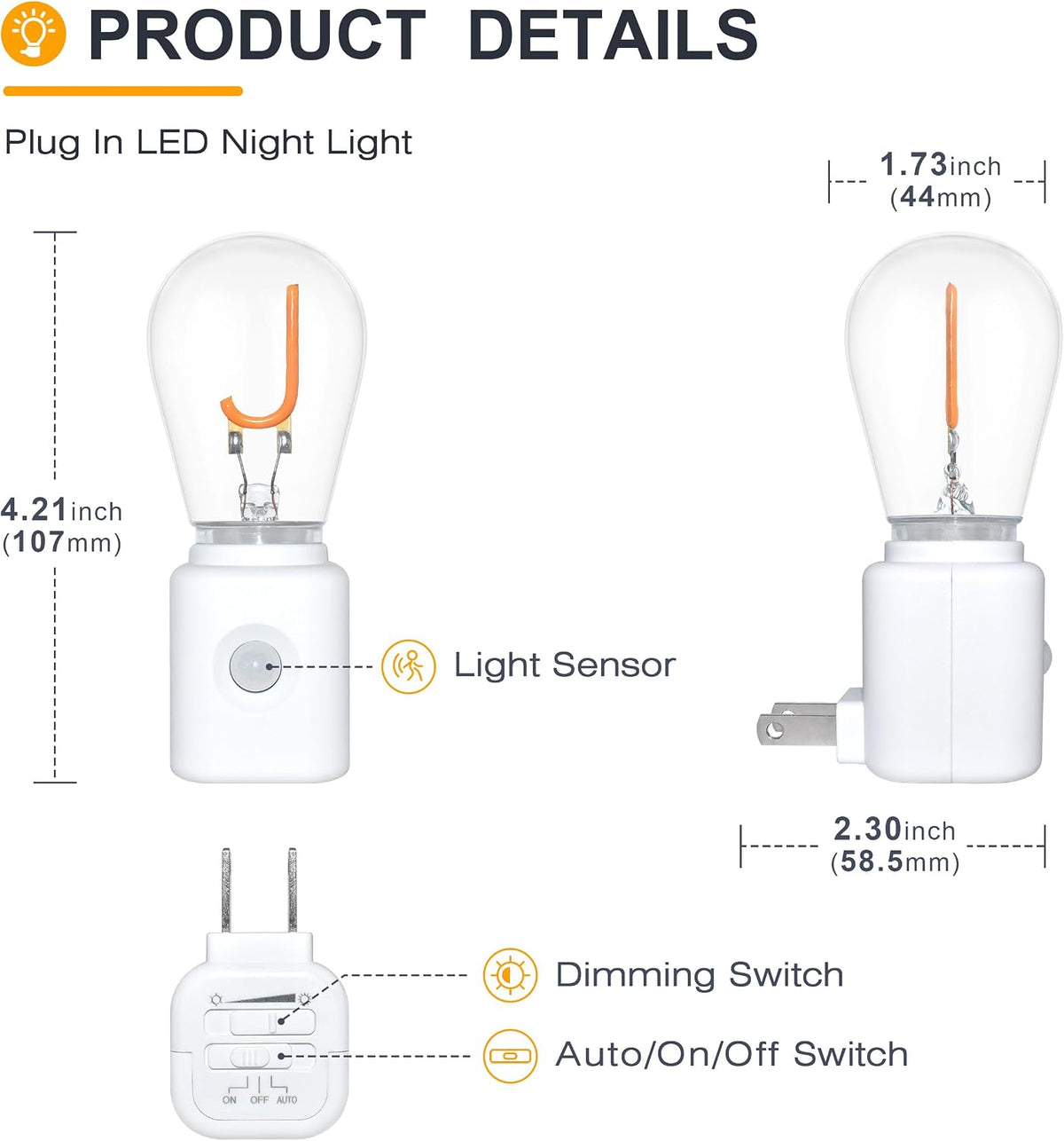 Night Lights Plug into Wall,Automatic LED Night Light with 10-100LM Dimmable, J-Type 2200K Plug in Night Lights with Motion Sensor, for Bathroom Hallway, 2-Pack