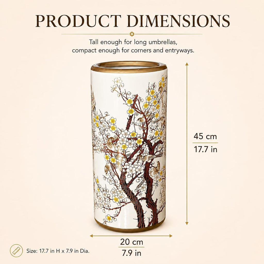 Ceramic Umbrella Stand for Entryway, Decorative Indoor Umbrella Holder with Gold Rim, Floor Vase Cane & Walking Stick Holder for Foyer Hallway Home Decor(Plum Blossom)