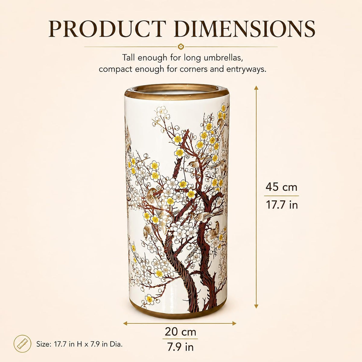 Ceramic Umbrella Stand for Entryway, Decorative Indoor Umbrella Holder with Gold Rim, Floor Vase Cane & Walking Stick Holder for Foyer Hallway Home Decor(Plum Blossom)