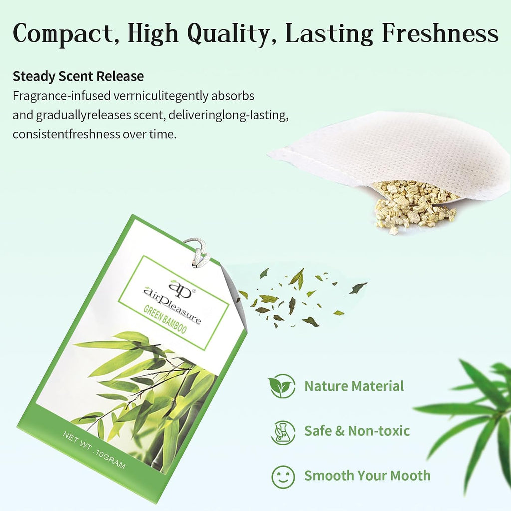 Green Bamboo Scented Sachets Bag 6 Pack for Drawer & Closet, Long-Lasting Sachets Bag Wardrobe Freshener, Drawer Deodorizer Fresh Scents Home Fragrance Air Freshener Bags for Home Room