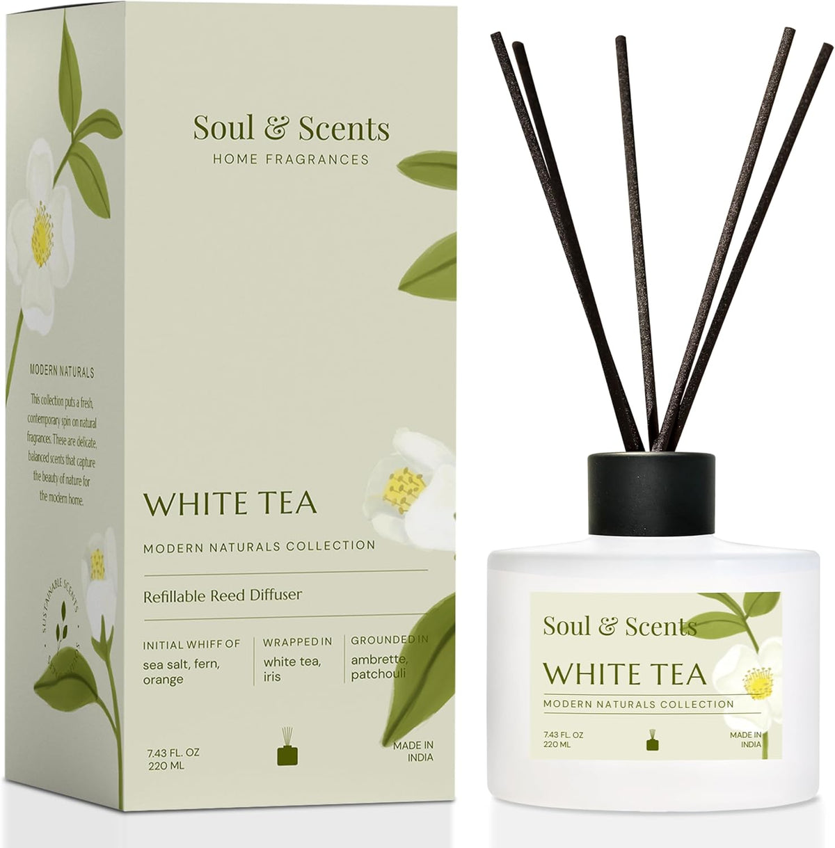 Soul & Scents Reed Diffuser Set – White Tea | 7.43 oz Refillable Scented Oil with 6 Fiber Sticks | Long-Lasting Home Fragrance & Air Freshener for Bedroom, Bathroom, Office | Gift & Décor Piece