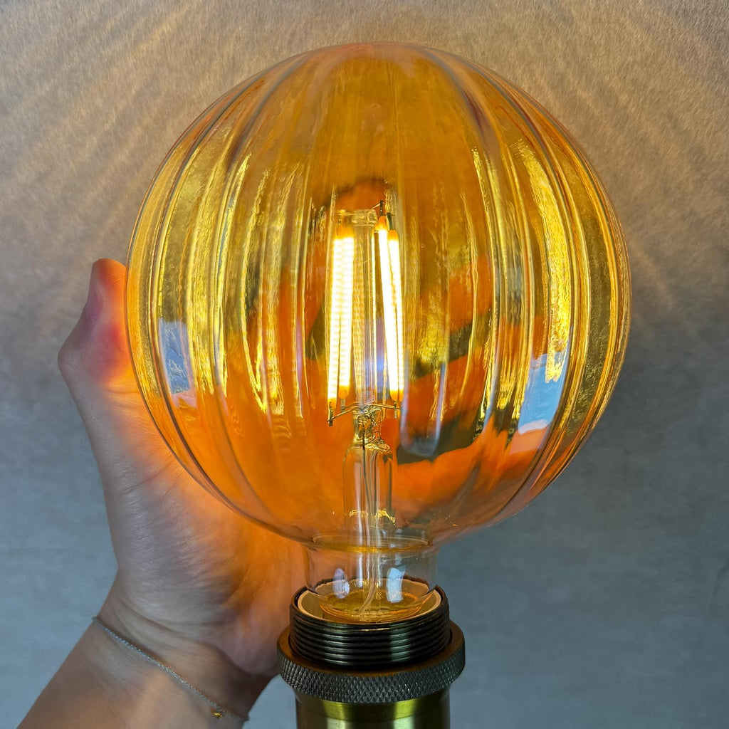 Hand Blown LED Edison Bulb, G40 Watermelon Ribbed Amber Glass, 4W 2500K Vintage Light, E26 Non-Dimmable Decorative Lamp for Farmhouse, Cafe, Bar Pendant Lighting