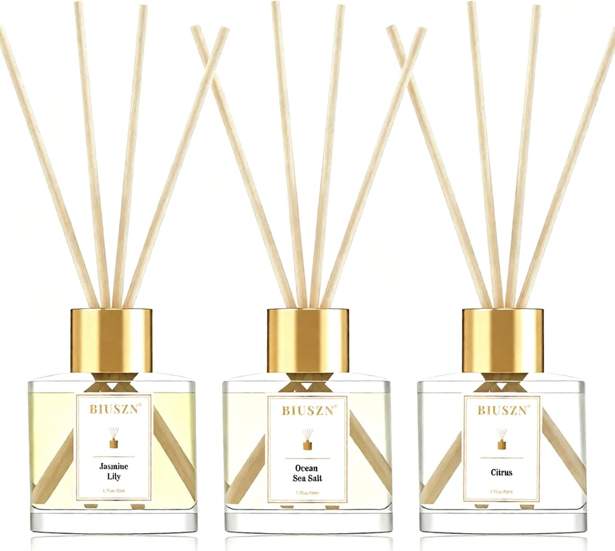 Reed Diffuser Set of 3, 50 ml Jasmine Lily/Citrus/Ocean Sea Salt