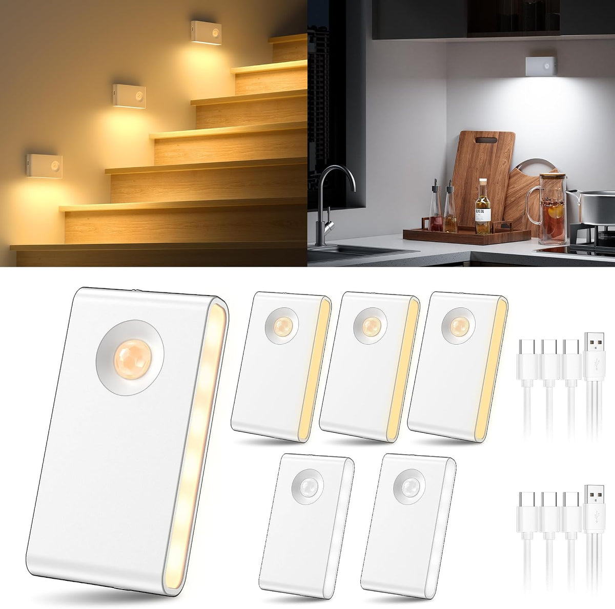YiaMia Stair Lights Motion Sensor Indoor, 6-Pack Rechargeable Night Lights with 3 Color Modes, Wireless Under Cabinet Lighting for Stairs, Hallway, Kitchen, Bathroom