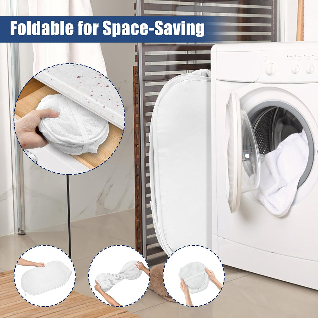 Collapsible Laundry Baskets, Upgrade Pop Up Laundry Hamper with Convenient Bags, Foldable Laundry Basket Mesh Light Weight, Easy to Carry Clothes Hampers for Laundry, Dorm, Toys, Travel White