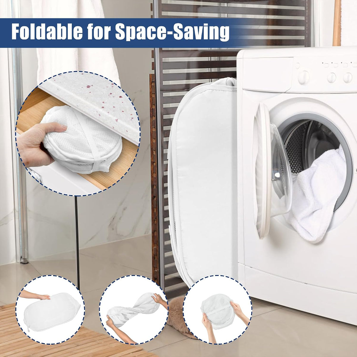 Collapsible Laundry Baskets, Upgrade Pop Up Laundry Hamper with Convenient Bags, Foldable Laundry Basket Mesh Light Weight, Easy to Carry Clothes Hampers for Laundry, Dorm, Toys, Travel White
