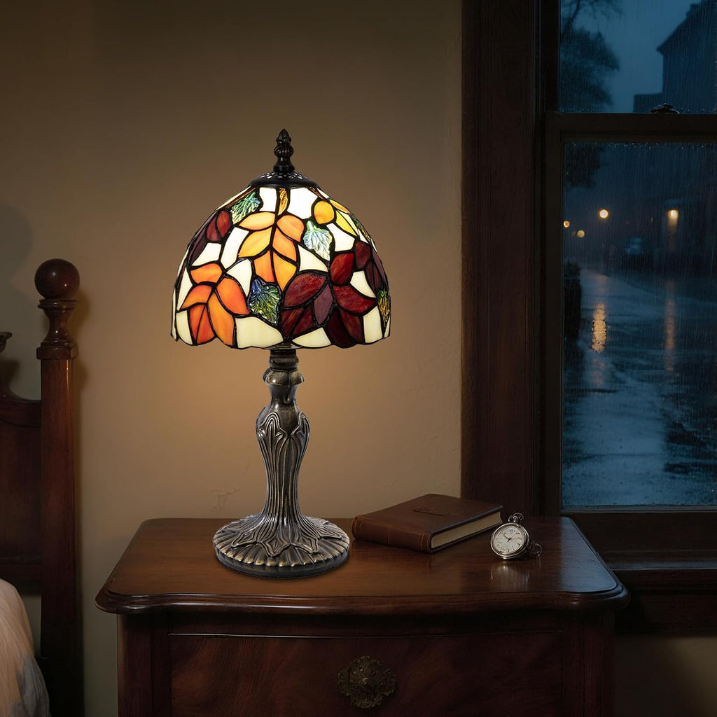 Small Tiffany Table Lamp 8 inch Red Leaves Stained Glass