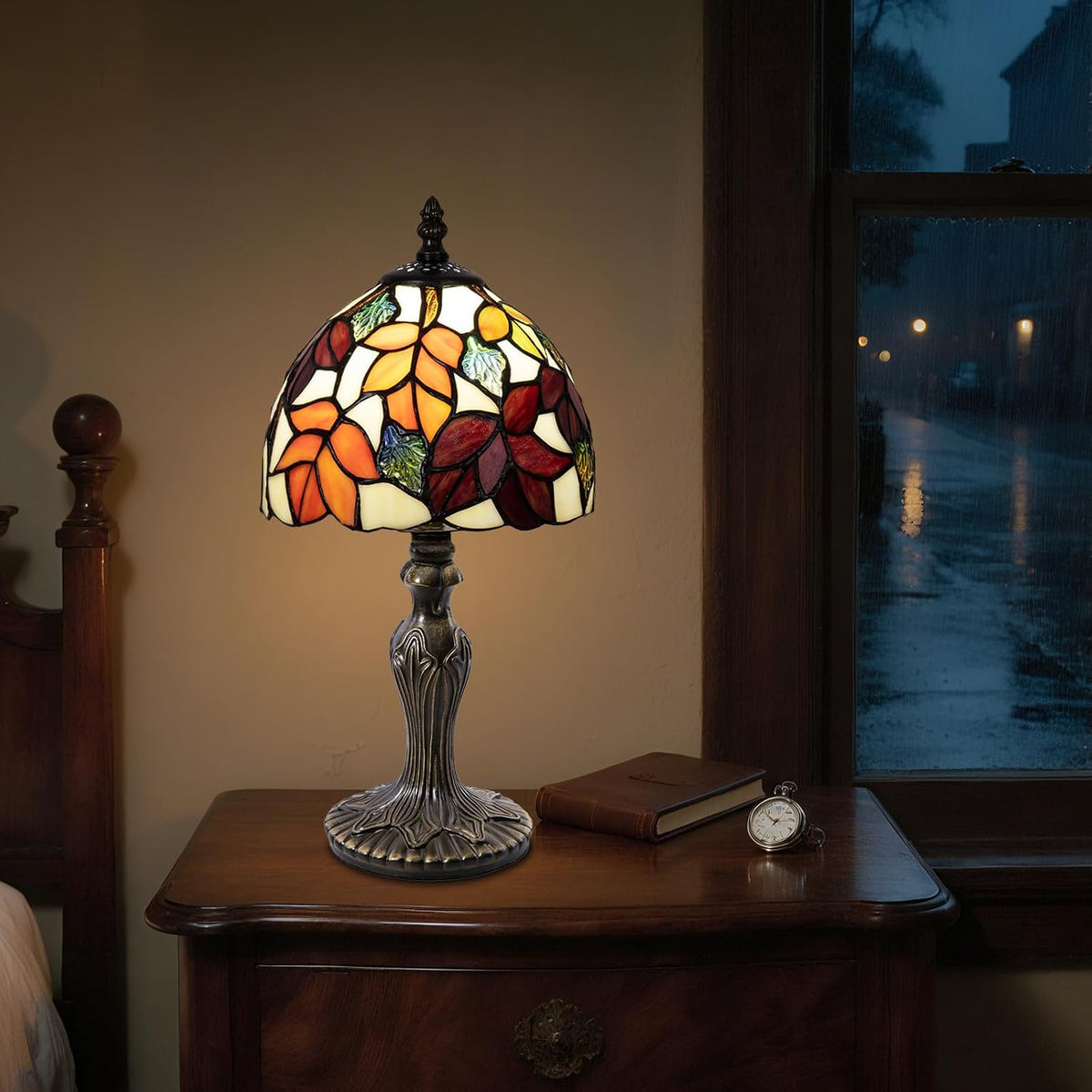 Small Tiffany Table Lamp 8 inch Red Leaves Stained Glass