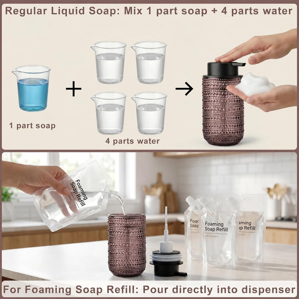 2 Pack Purple Glass Foaming Soap Dispenser, Vintage Foam Hand Soap Dispenser, 14 OZ Hobnail Texture Foam Dispenser with Black Pump for Bathroom, Kitchen, Refillable, Nordic Modern Farmhouse Decor