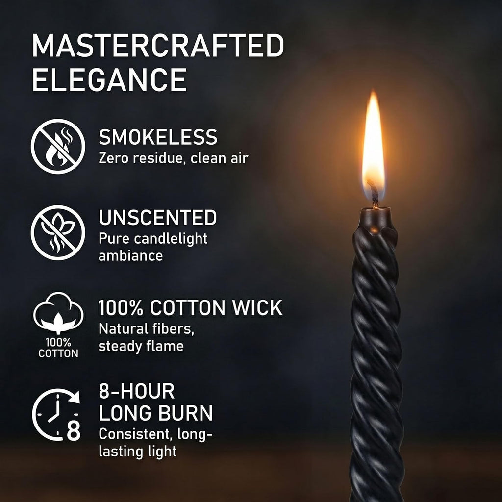 Black Spiral Taper Candles 4 Pack 7/8 X 10 Inch Smokeless Unscented Long Tall Twisted Candlesticks for Halloween Party Home Decor Dinner Table Wedding Christmas Candle Sticks