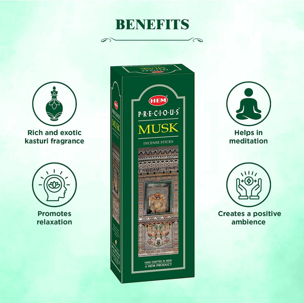 HEM Precious Musk Incense Sticks – (120 Sticks, 6 Boxes Inside) - 9 Inches Long ,Dispel Negativity, Induce Relaxing Sleep, Spiritual Strength, Aromatherapy, And Strengthen Meditation Practices
