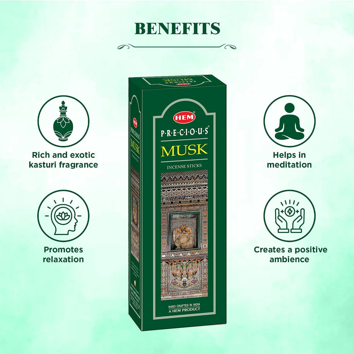 HEM Precious Musk Incense Sticks – (120 Sticks, 6 Boxes Inside) - 9 Inches Long ,Dispel Negativity, Induce Relaxing Sleep, Spiritual Strength, Aromatherapy, And Strengthen Meditation Practices