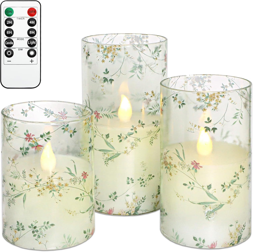 Flameless Candles with Remote Control, Flickering LED Glass Candles, Battery-Operated with Timer and Adjustable Brightness, Floral Branch Design for Home Decor and Wedding, Set of 3
