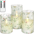 Flameless Candles with Remote Control, Flickering LED Glass Candles, Battery-Operated with Timer and Adjustable Brightness, Floral Branch Design for Home Decor and Wedding, Set of 3