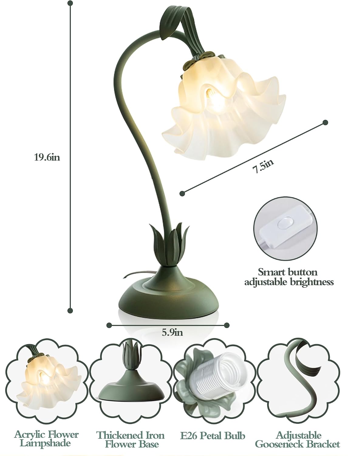 Flower Table Lamp, LED Reading Light Bedside Vintage Night Light (Green)