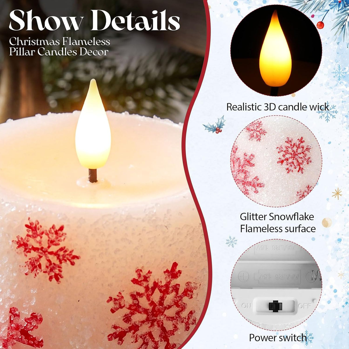 Retisee 3 Pcs Christmas Snowflake Flameless Candles 4" 5" 6"