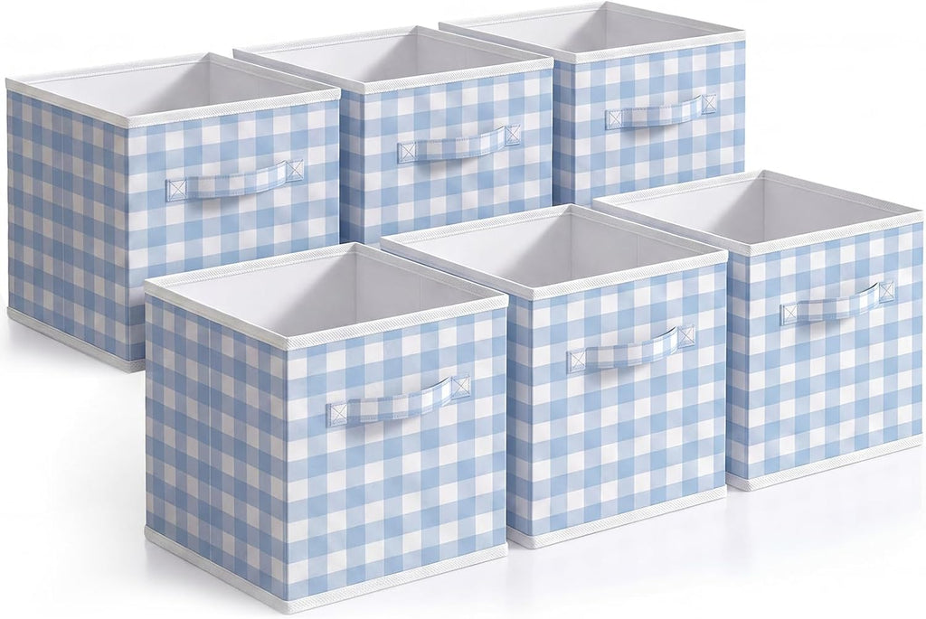 Yalikop 6 Pcs Blue Gingham Cube Storage Bins, 11 Inch Fabric Checkered Classroom Storage Bins Organizer with Handle Preppy Collapsible Cubby Basket for Classroom Home Nursery Playroom Bedroom