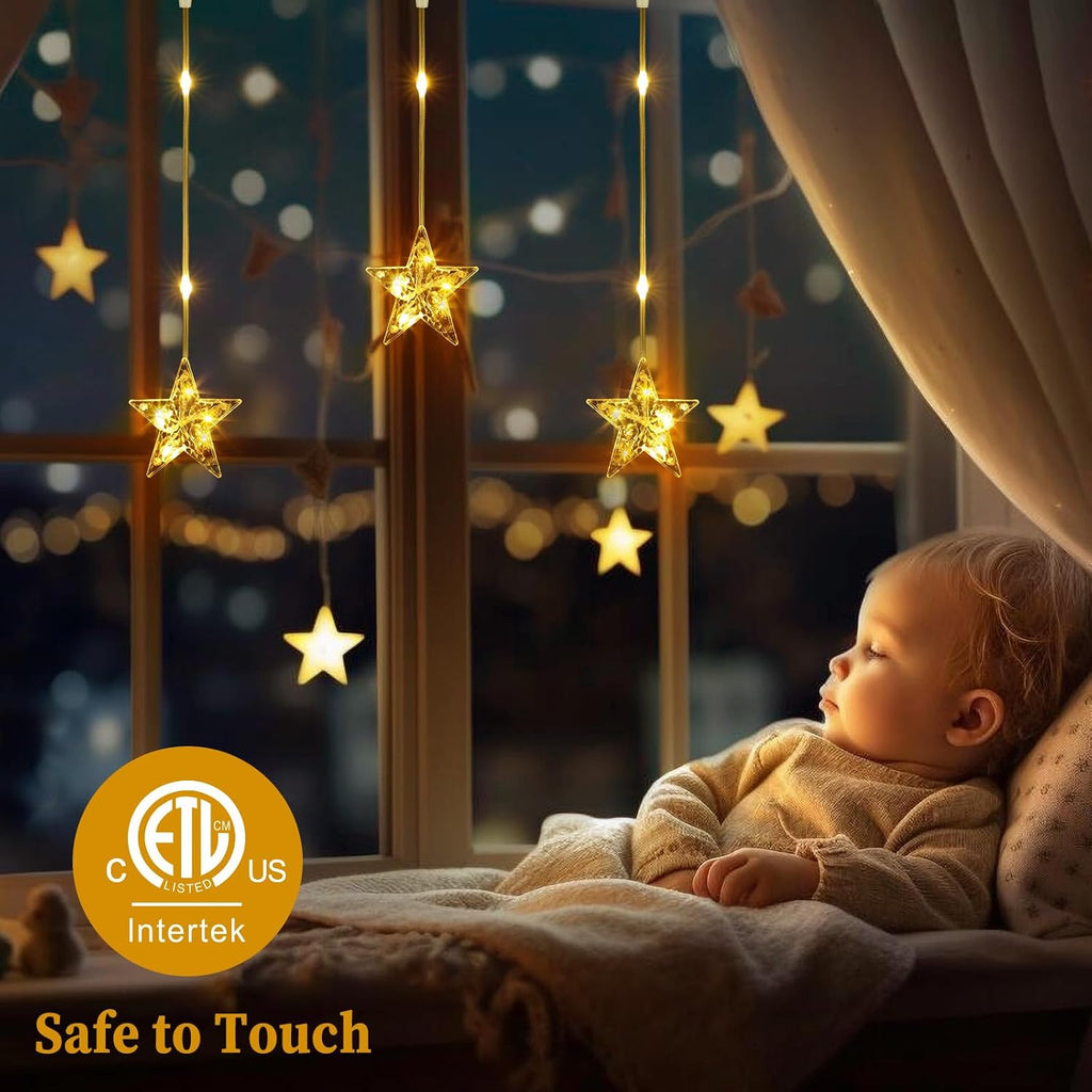 Marchpower 9 Stars Curtain Lights Warm White, IP65 Battery Operated Christmas Star Window Curtains with Timer & Memory Function, 76 LED String Lights with 8 Modes and 10 Hooks for Xmas Decor