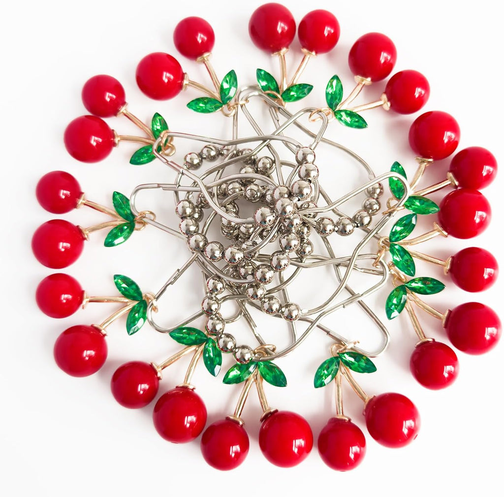 Cherry Bathroom Decor Curtain Hooks Rings for Bathroom Shower Rod (12pcs) - Rust Proof Metal Stainless Steel Curtain Ring Red Cherry Pendant Decoration