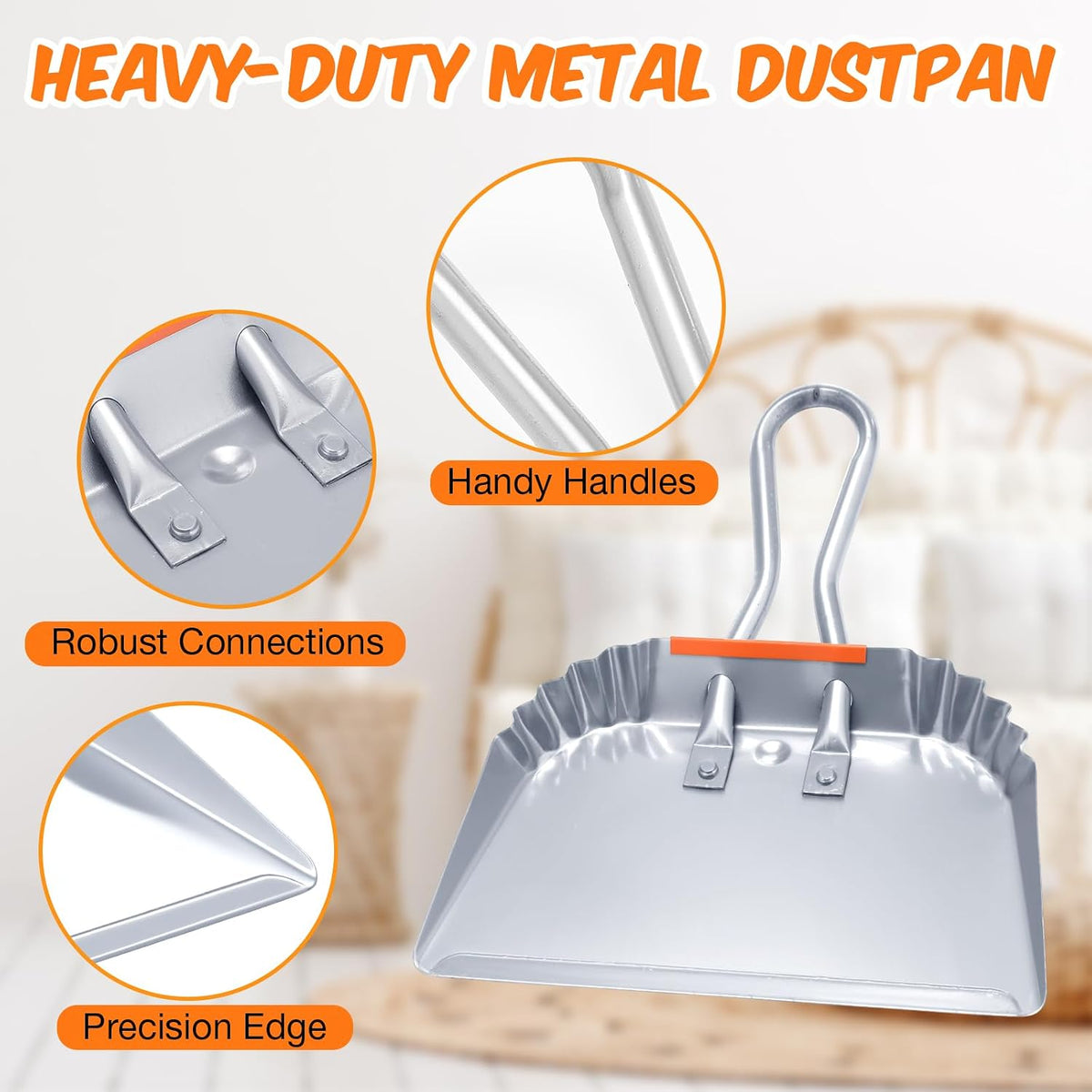 Mumufy 4 Pack 12" Heavy Duty Metal Dustpan with Handle, Silver