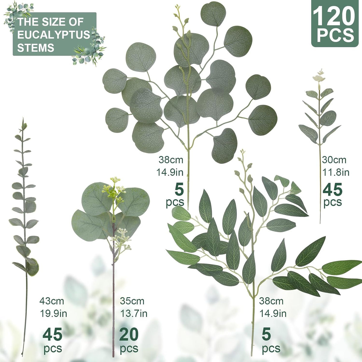 Daynight 120 Pcs Artificial Mixed Eucalyptus Stems Bulk, Green