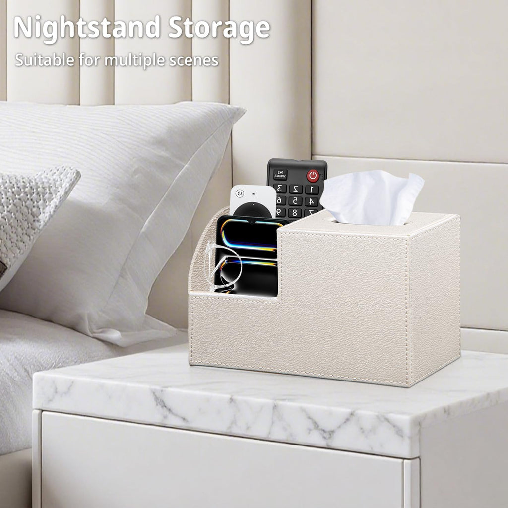 Square Tissue Box Cover with Storage, PU Leather Facial Cube Tissue Holder.TV Remote Control Holder, Desk Accessories Nightstand Organizer, Modern Table Caddy for Bathroom, Bedroom, Home, Office Decor