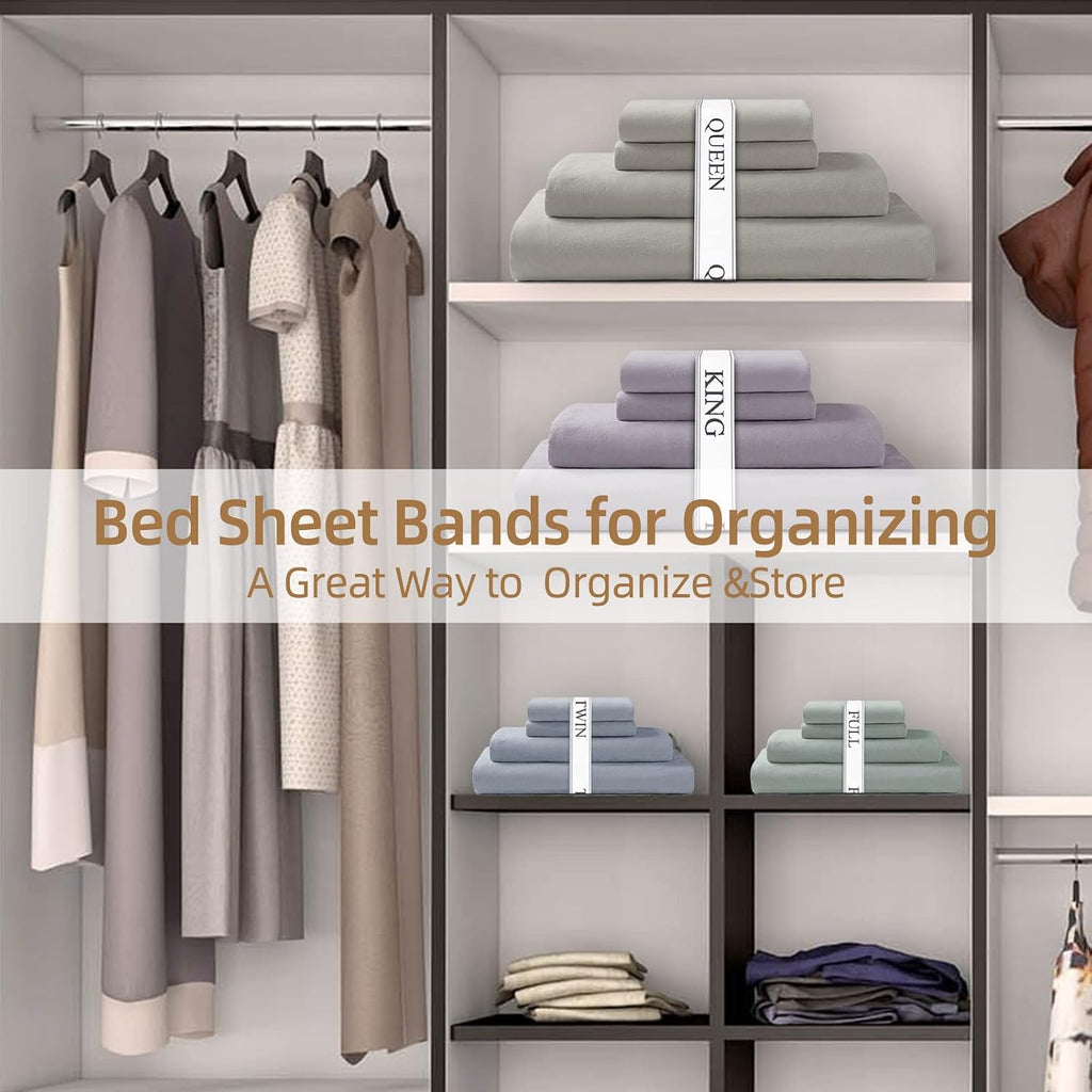 Bed Sheet Organizer Bands - Sheet Keepers & Elastic Storage for Linen Closet - Queen 4 Pack