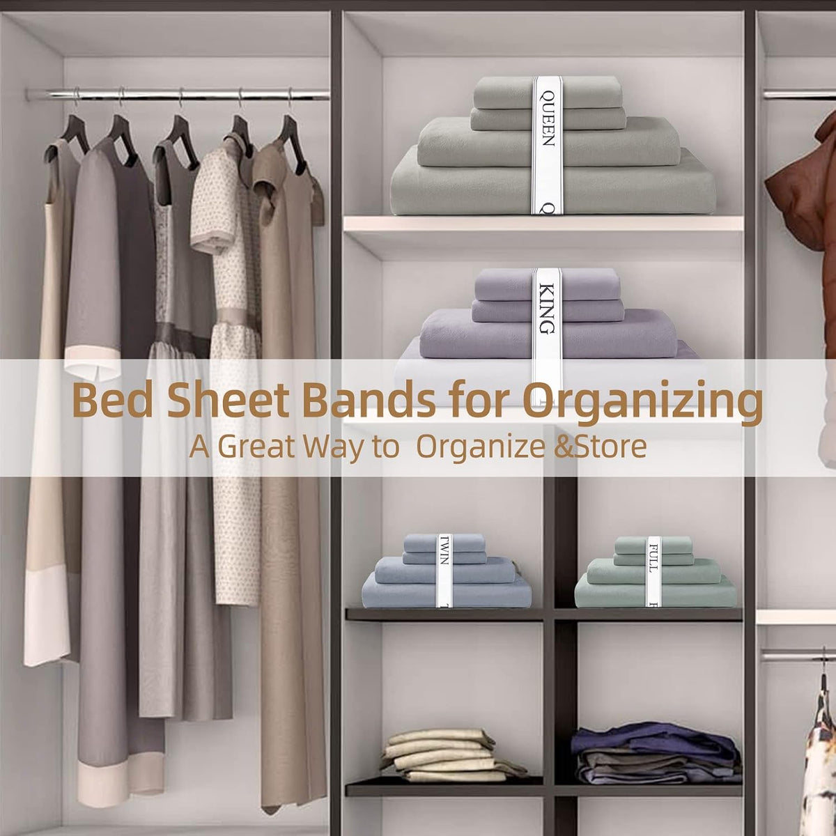 Bed Sheet Organizer Bands - Sheet Keepers & Elastic Storage for Linen Closet - Queen 4 Pack