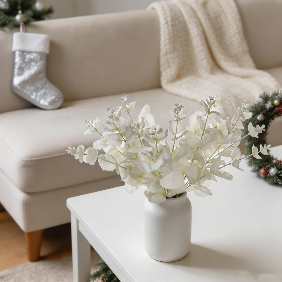 Tinsow 5 Pcs Artificial Eucalyptus Branches Real Touch Leaf Stem White Faux Eucalyptuses Wedding Bouquet Centerpiece Christmas Home Decor (White and Beige Mix, 5)