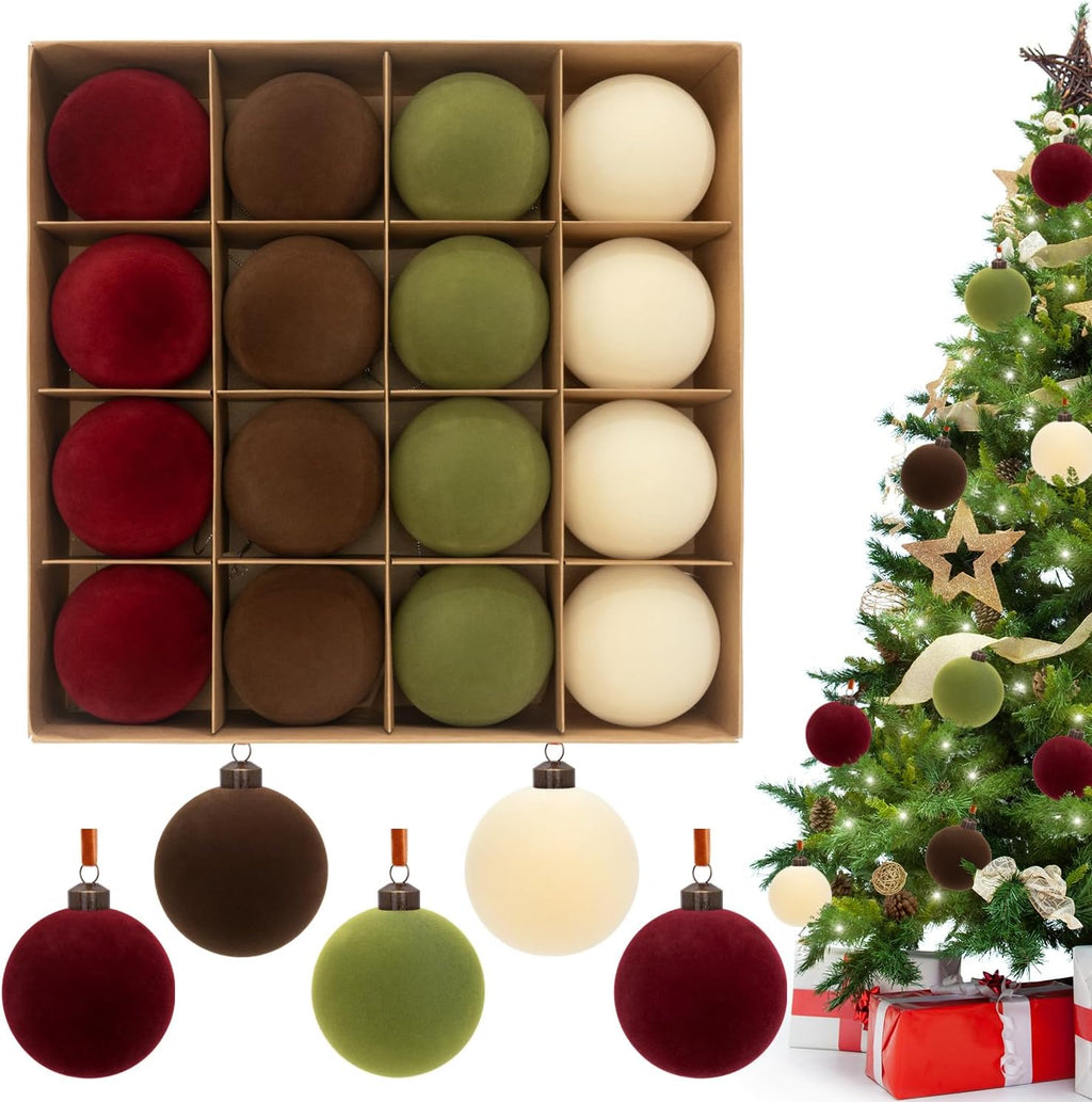 3.15" Velvet Christmas Ball Ornaments Set, 16 pcs Flocked Xmas Tree Decoration, Large Shatterproof Decorative Hanging Balls for Party Holiday Wreath Garland Home Décor (Red Brown Green White)