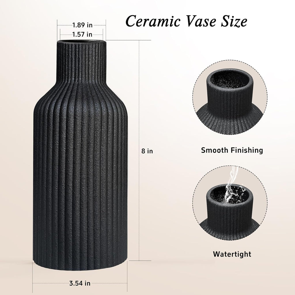 Ceramic Flower Vase, Minimalist Modern Home Decor, Matte Finish Pampas Grass Vase for Table, Fireplace, Shelf, Mantel, Entryway and Centerpieces (Black)