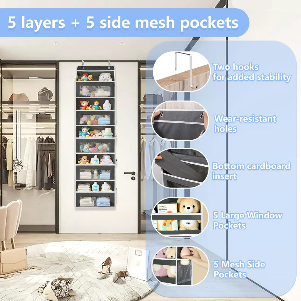 Over the Door Organizer with 5 Front Pockets and 5 Mesh Side Pockets, Extra Large Hanging Organizer for Storage in Bedroom, Bathroom, Pantry, Nursery, Black
