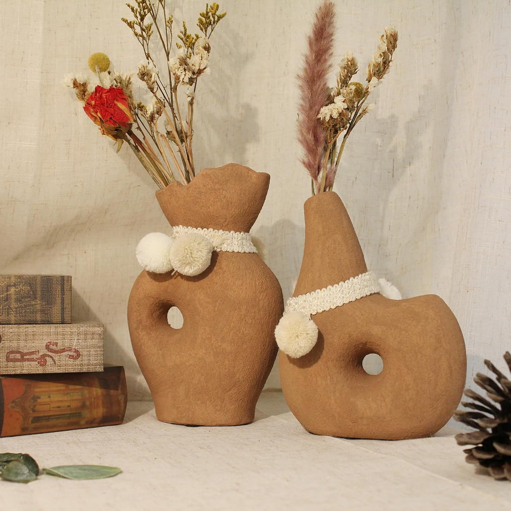 2 Pack Small Donut Vase, Gray Terracotta with Hollow Center