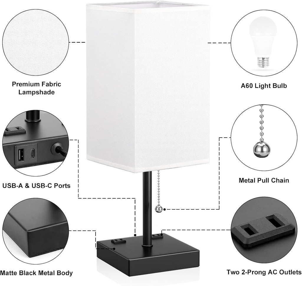 Bedside Lamp for Bedroom - 3 Color Temperatures, USB A+C, 2 AC Outlets