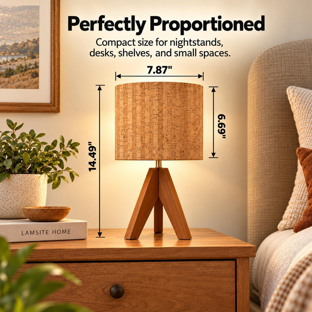 Natural Wood Tripod Table Lamp for Bedroom Nightstand