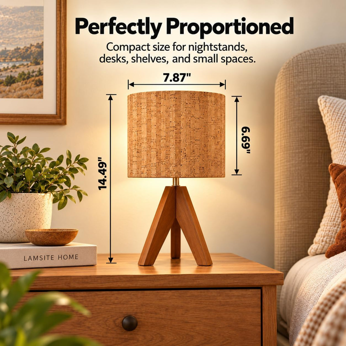 Natural Wood Tripod Table Lamp for Bedroom Nightstand