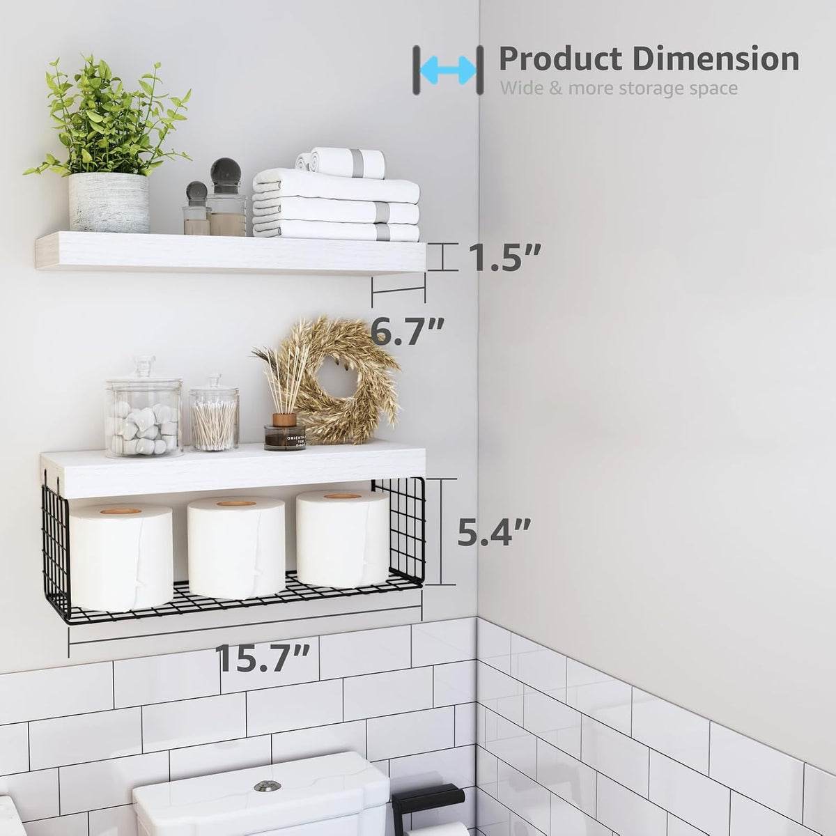QEEIG Bathroom Shelves Over Toilet Wall (White and Black, Set of 2, 15.7")