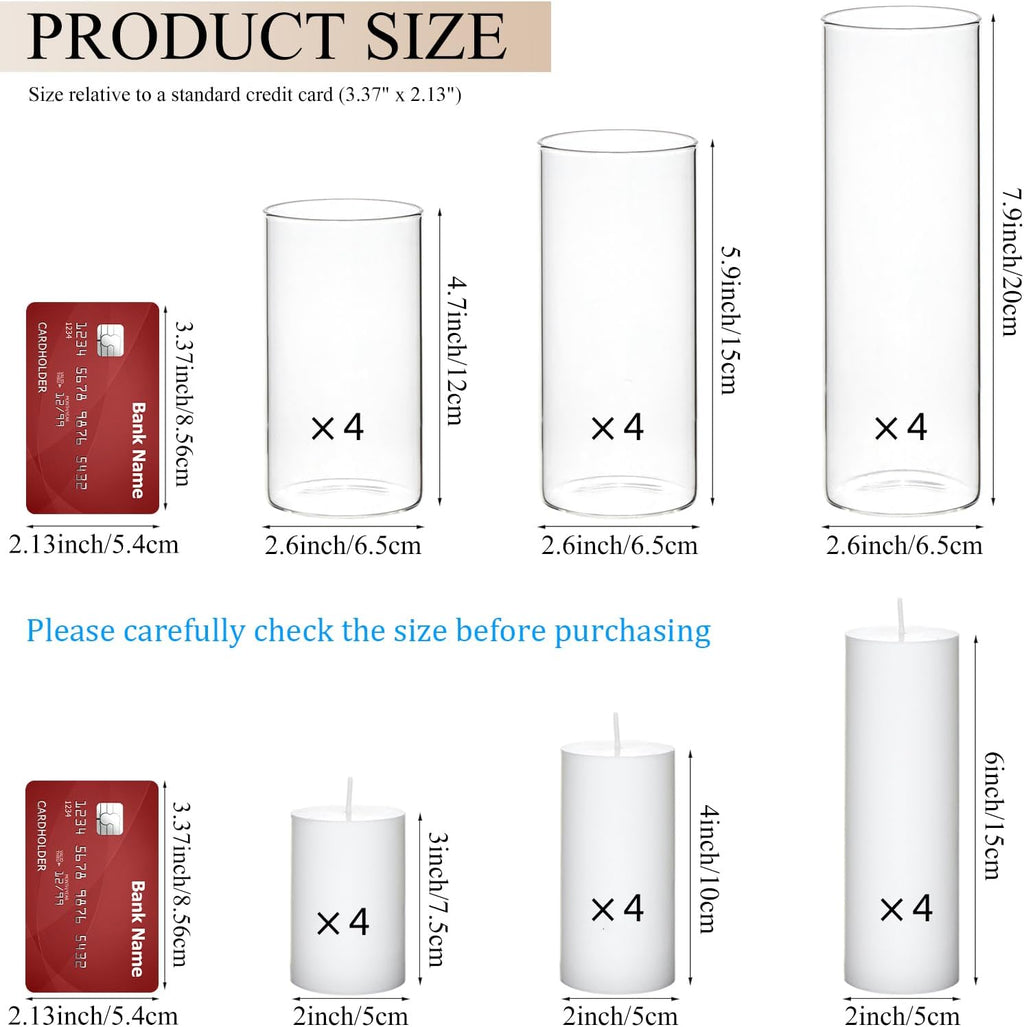 Set of 12 White Pillar Candles with Clear Glass Hurricane Holders- Elegant Cylinder Candle Vases for Weddings, Parties, Centerpieces, Home & Office Decor (White, 12 Set)